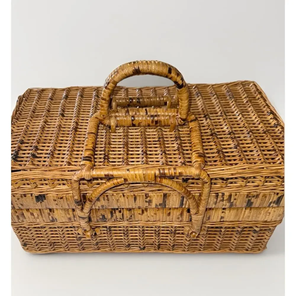 Natural Vintage Wicker Picnic Basket Folding Locking Handles 14x7.5x8 Boho